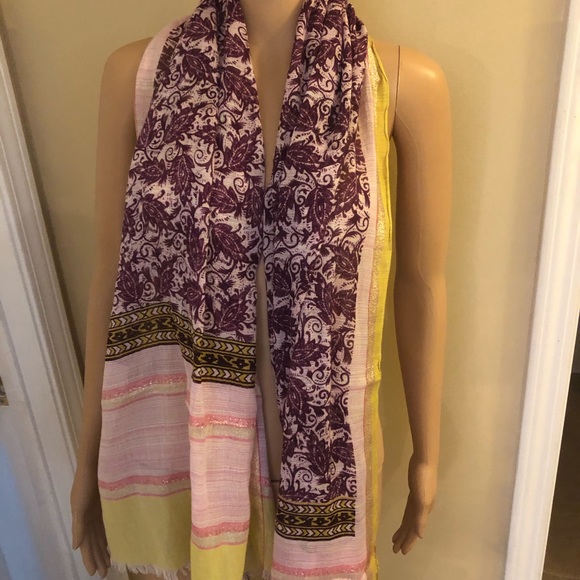 LOFT Scarf LN swirls & shiny Golds & Pink 28" x76" - Picture 1 of 8